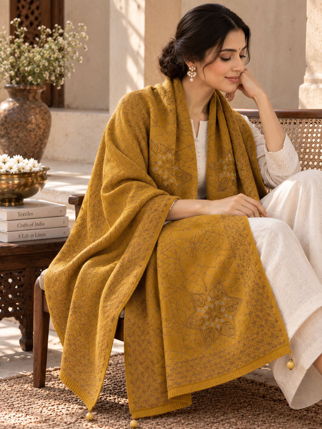 Mustard Beaded Star Medallion Embellished Shawl