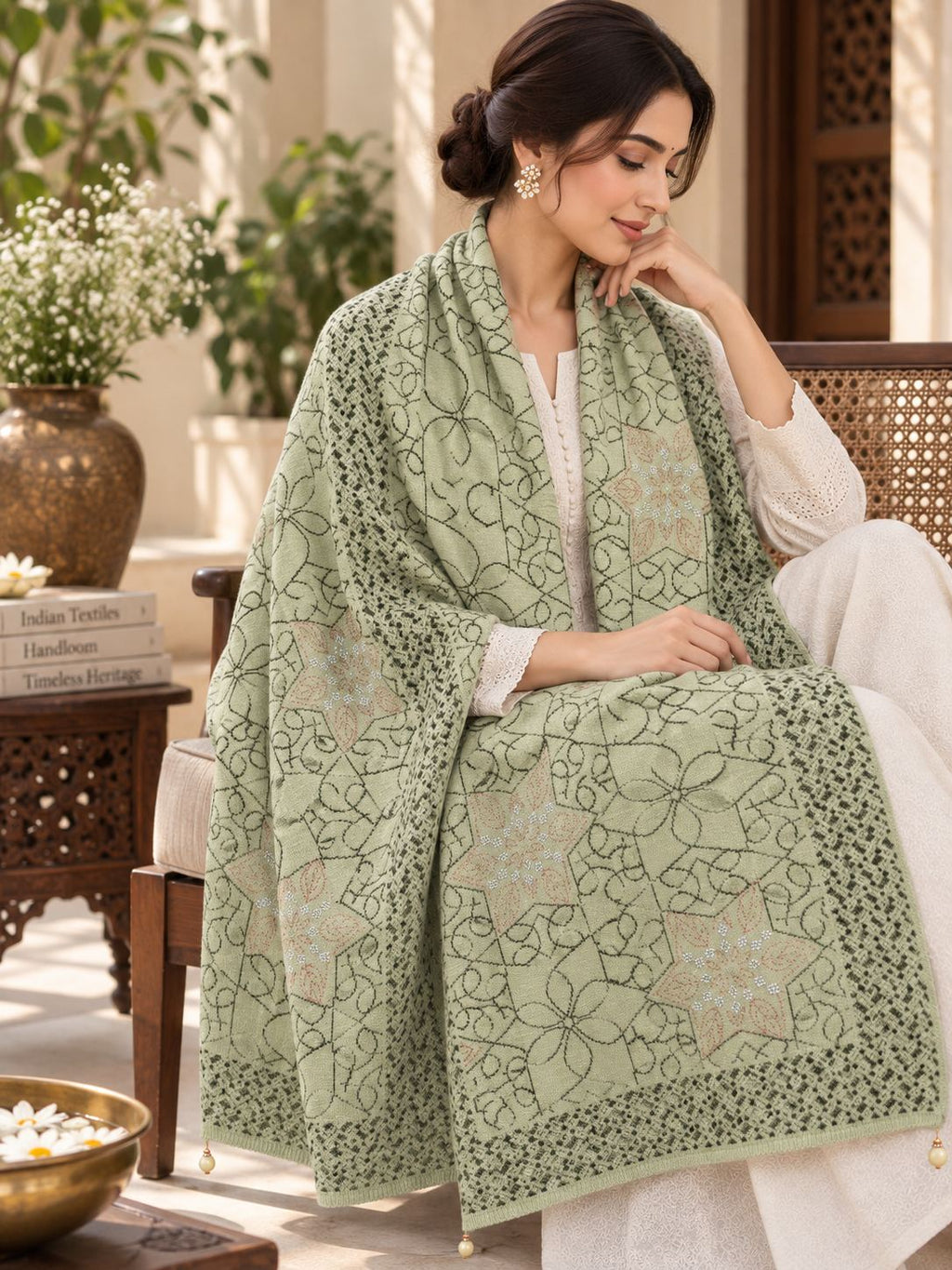 Sage Green Beaded Star Medallion Embellished Shawl