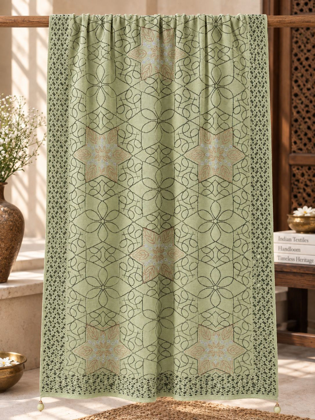 Sage Green Beaded Star Medallion Embellished Shawl