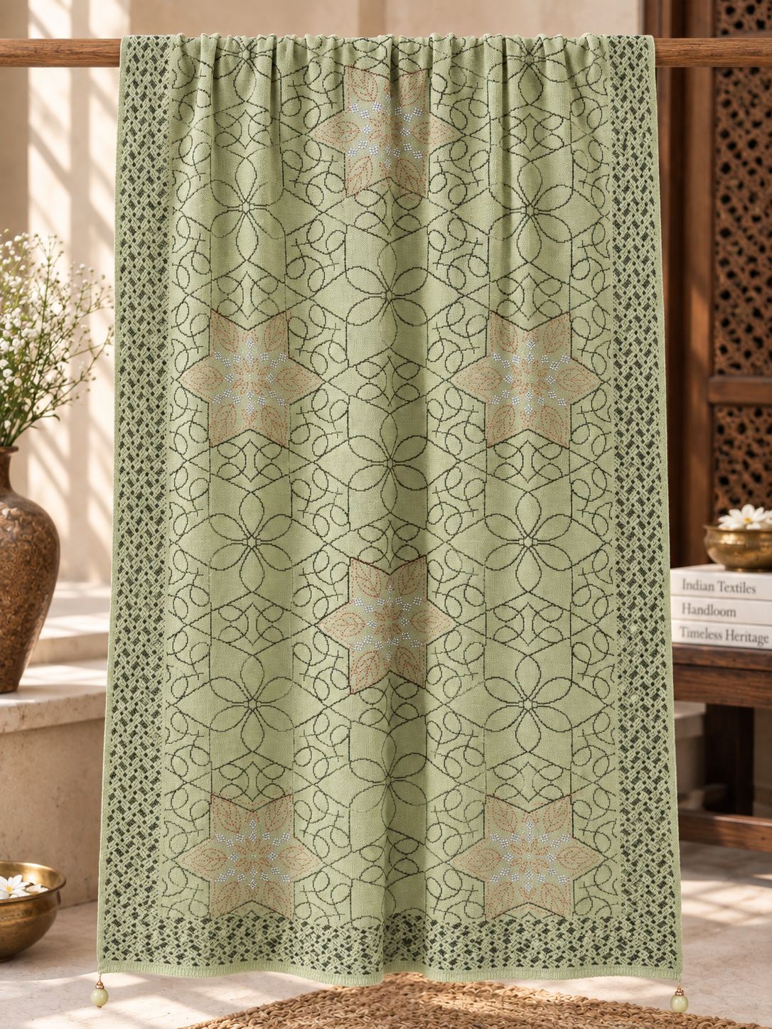 Sage Green Beaded Star Medallion Embellished Shawl