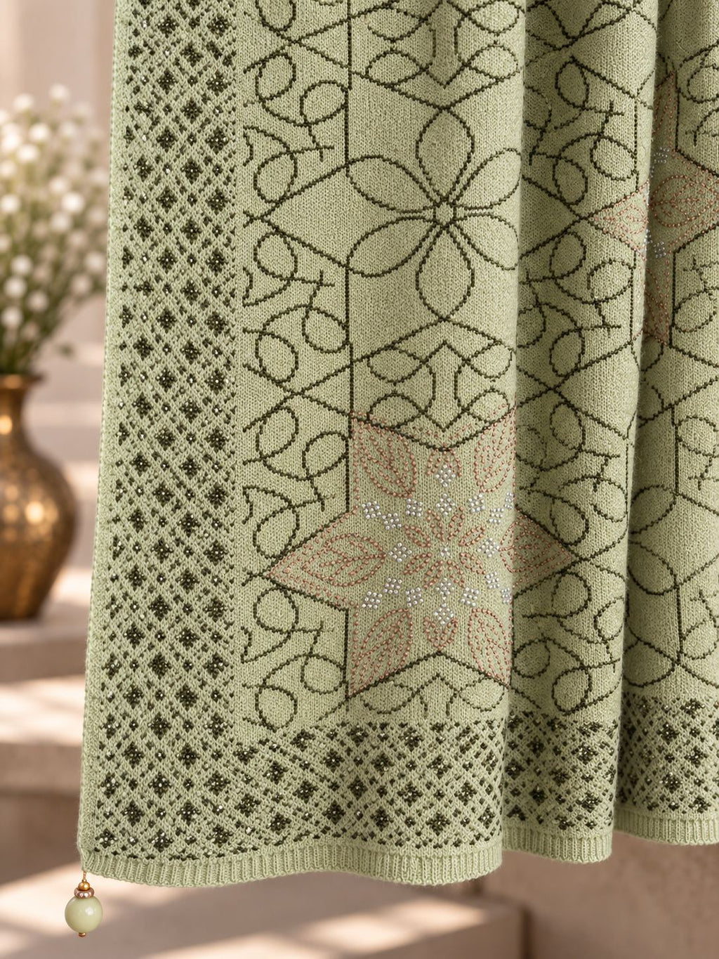 Sage Green Beaded Star Medallion Embellished Shawl