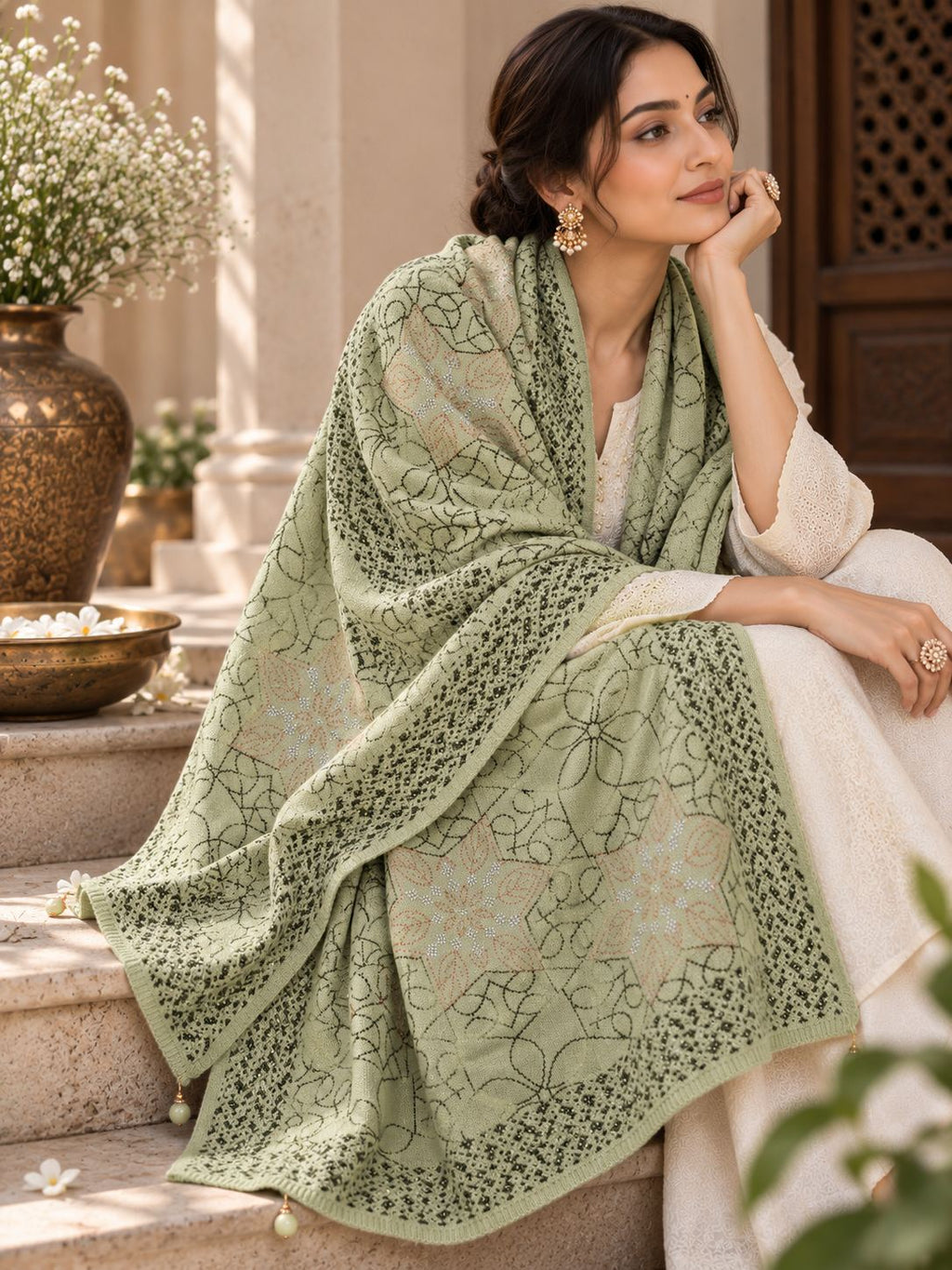 Sage Green Beaded Star Medallion Embellished Shawl