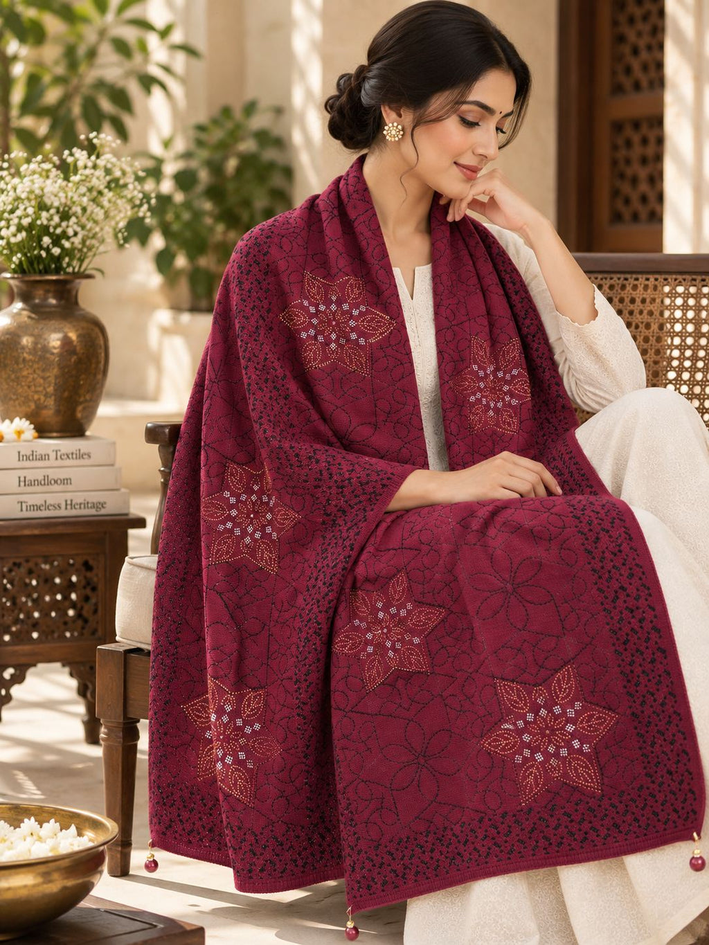 Wine Beaded Star Medallion Embellished Shawl