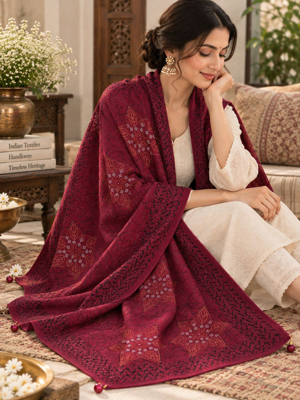 Wine Beaded Star Medallion Embellished Shawl