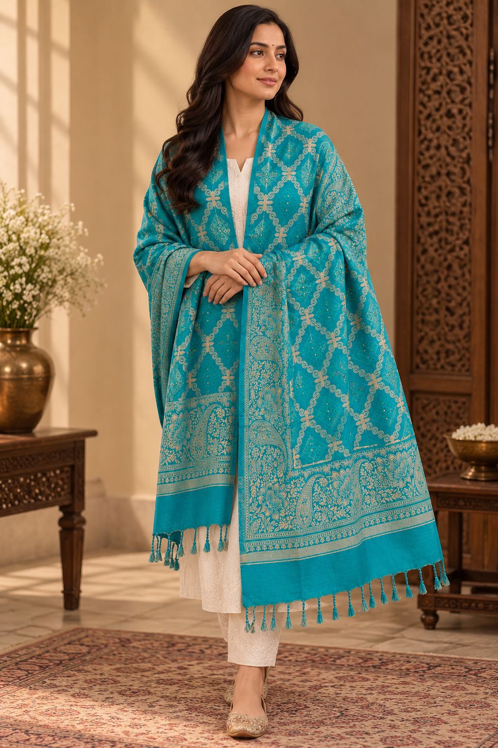 Teal Diamond Trellis Beaded Embellished Shawl