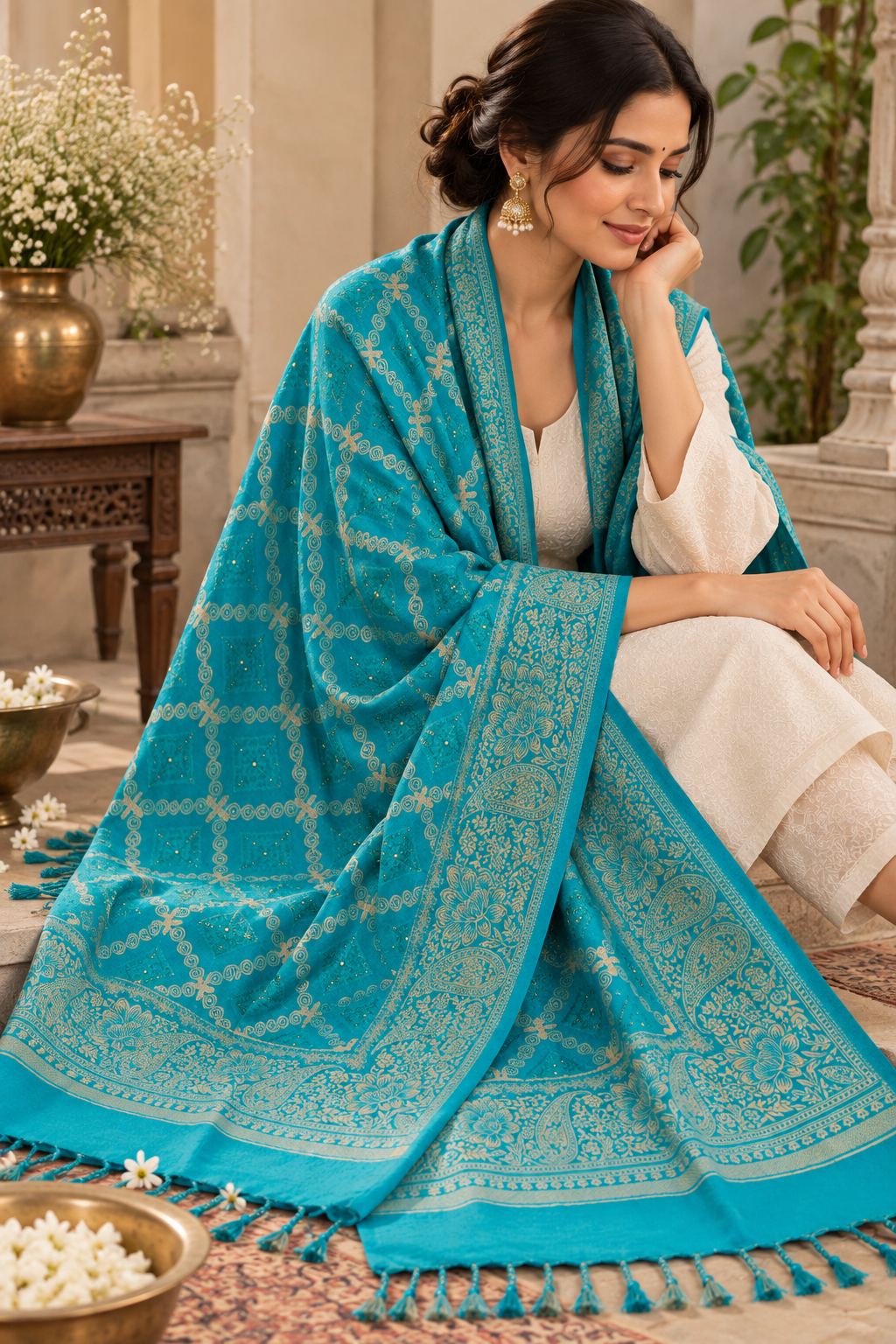 Teal Diamond Trellis Beaded Embellished Shawl