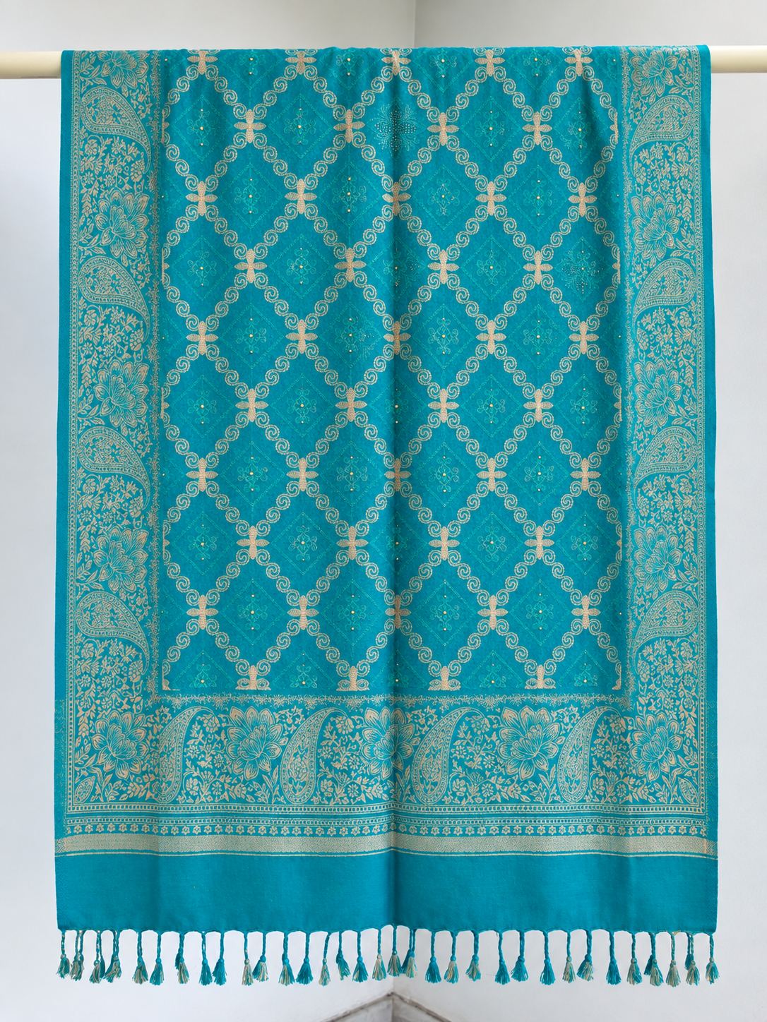 Teal Diamond Trellis Beaded Embellished Shawl