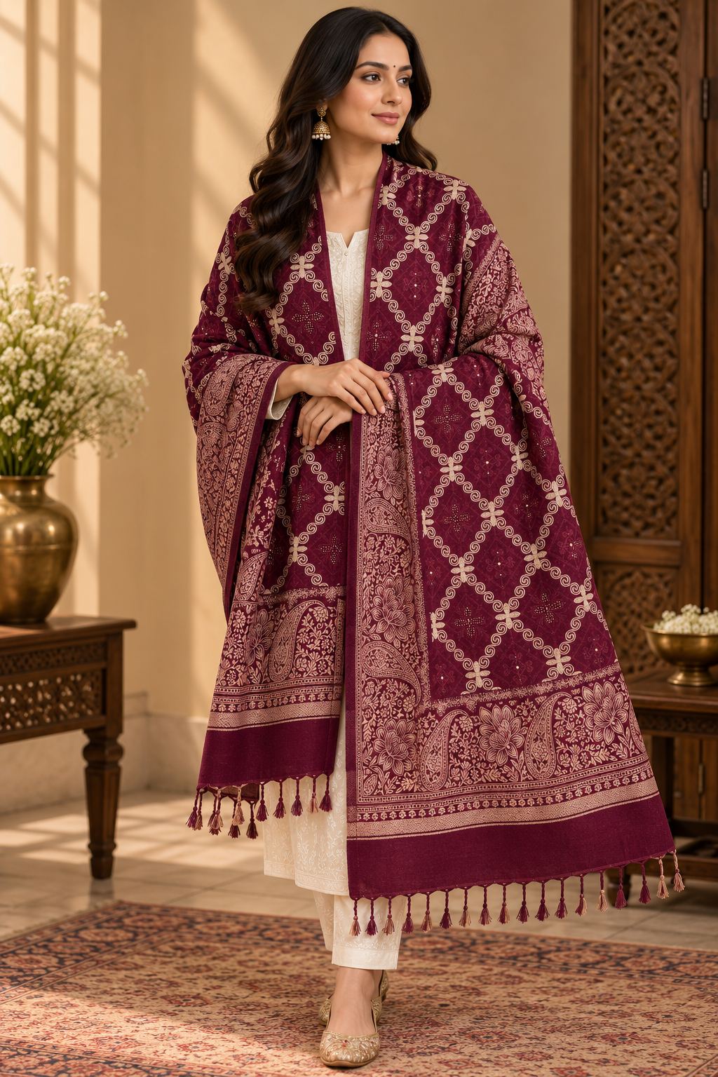 Maroon Diamond Trellis Beaded Embellished Shawl