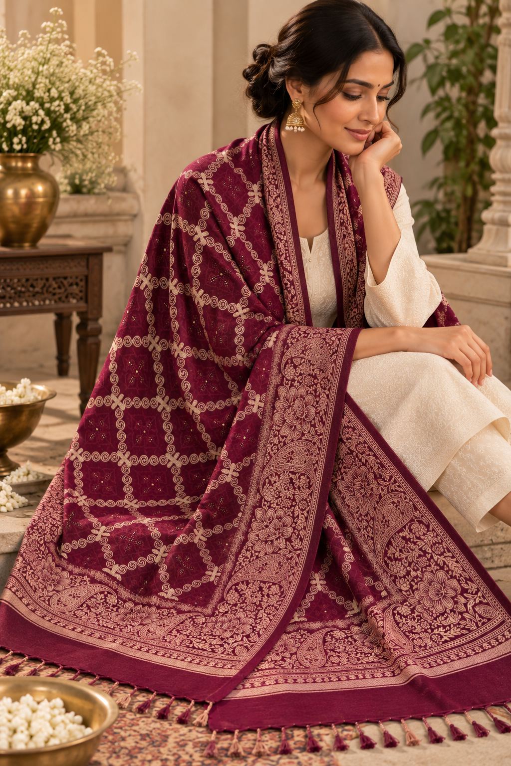 Maroon Diamond Trellis Beaded Embellished Shawl