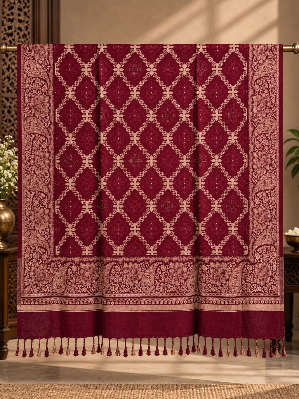 Maroon Diamond Trellis Beaded Embellished Shawl