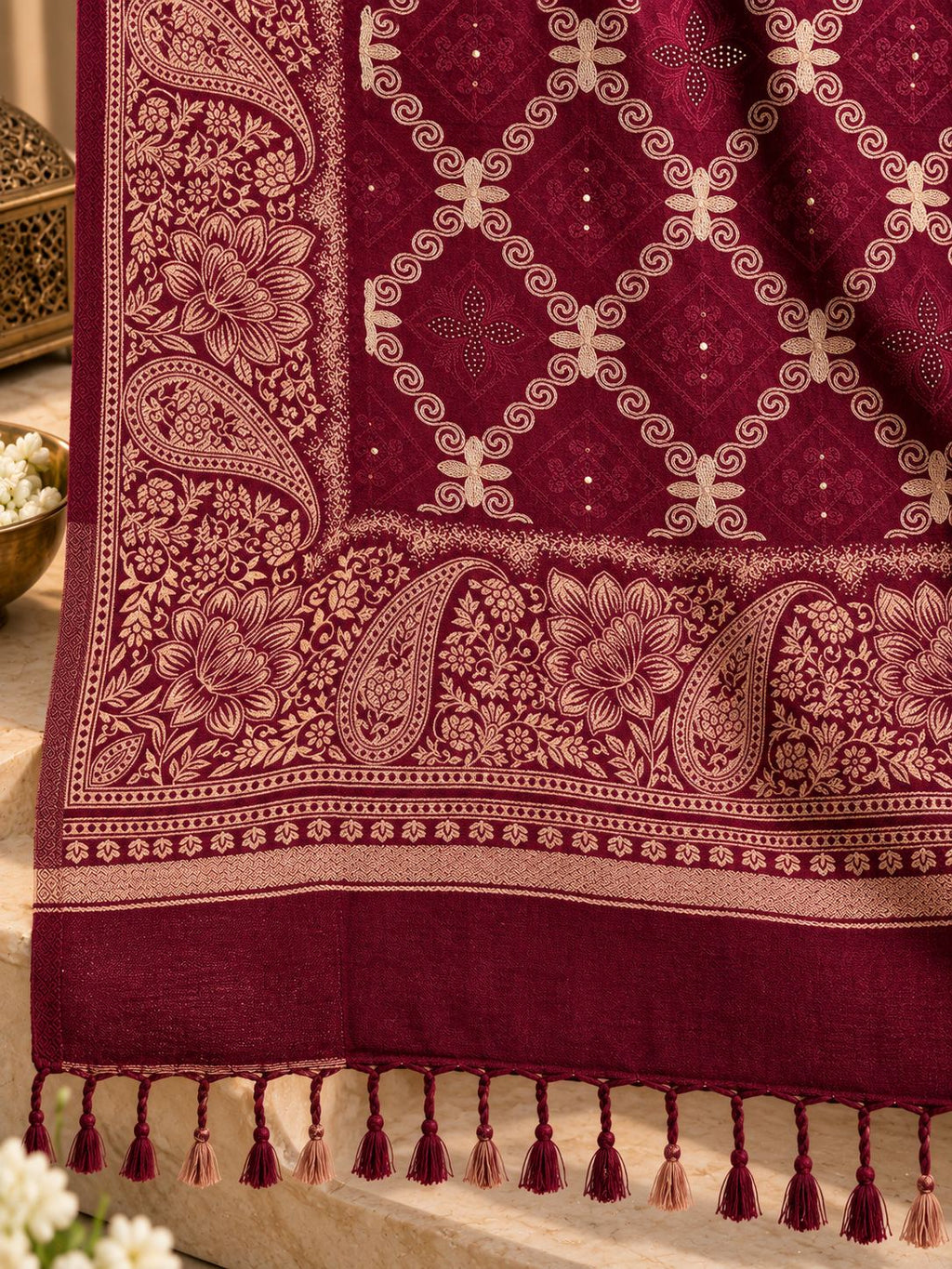 Maroon Diamond Trellis Beaded Embellished Shawl