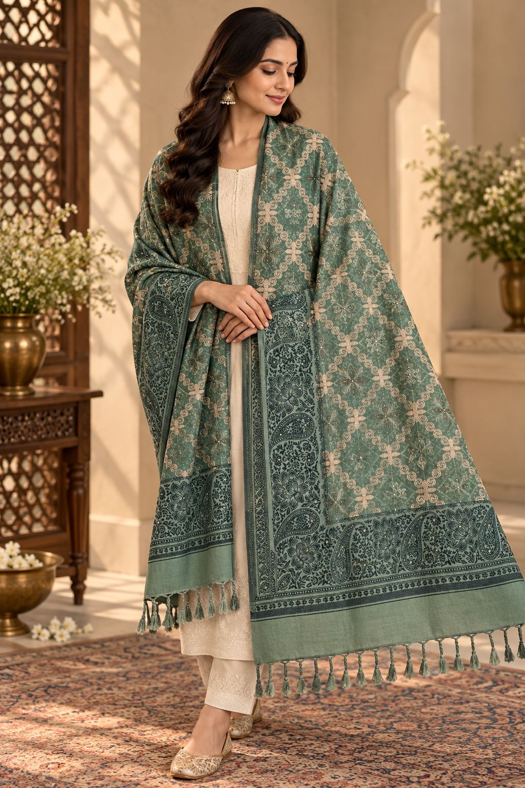 Sage Green Diamond Trellis Beaded Embellished Shawl
