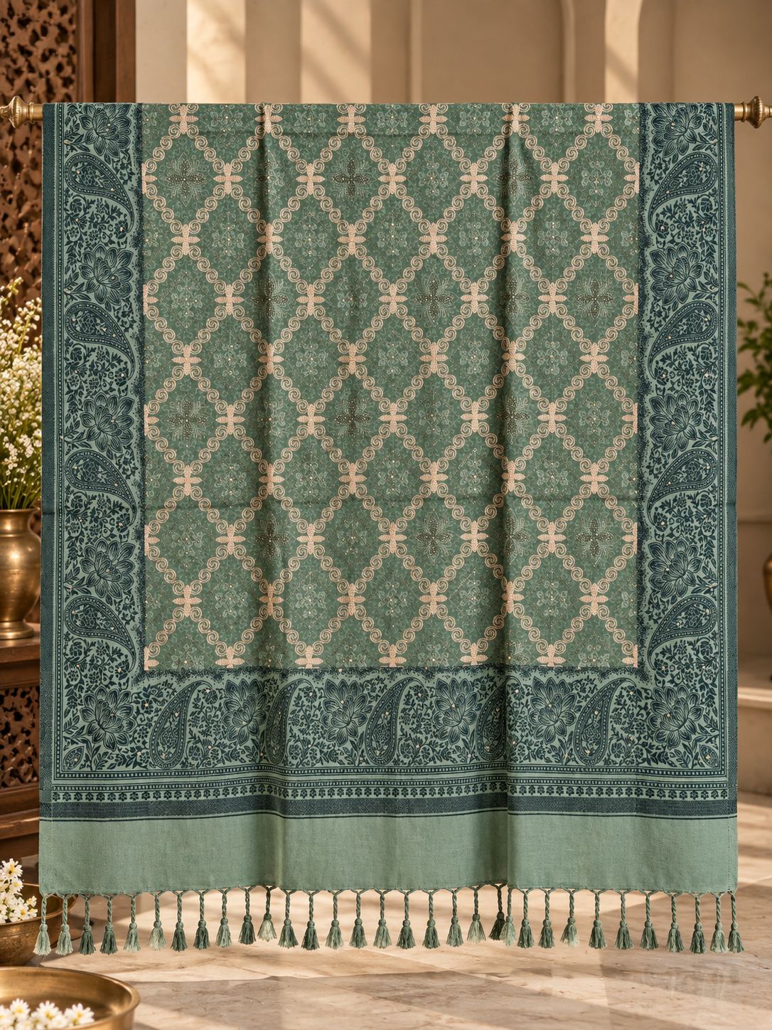Sage Green Diamond Trellis Beaded Embellished Shawl
