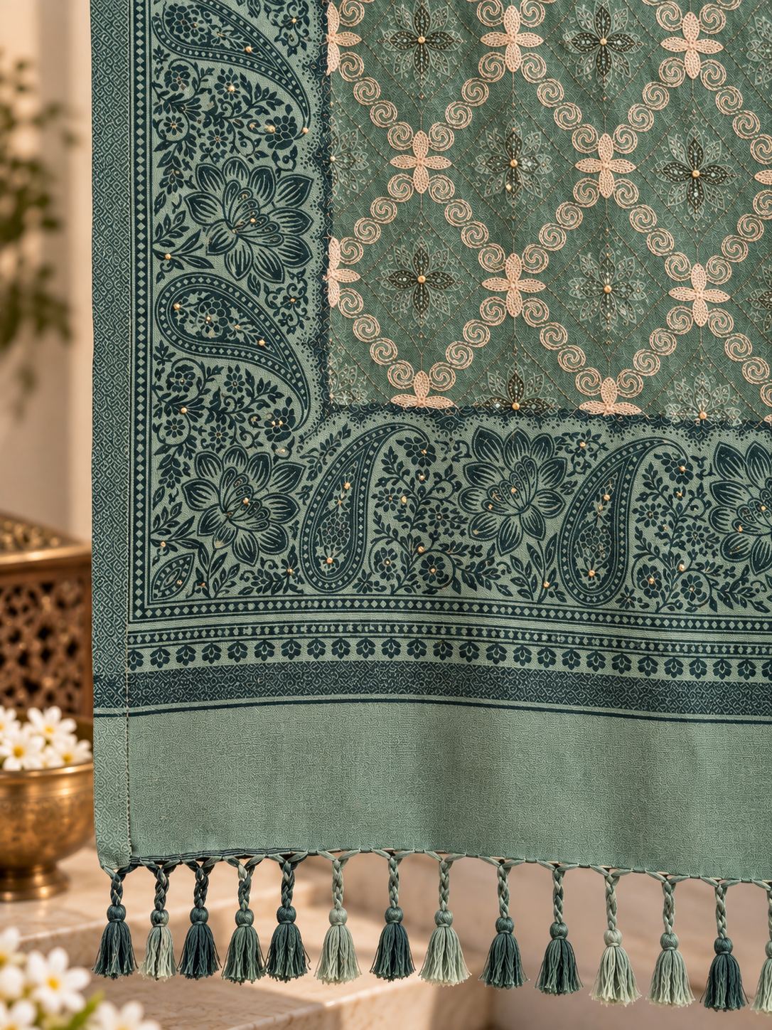 Sage Green Diamond Trellis Beaded Embellished Shawl