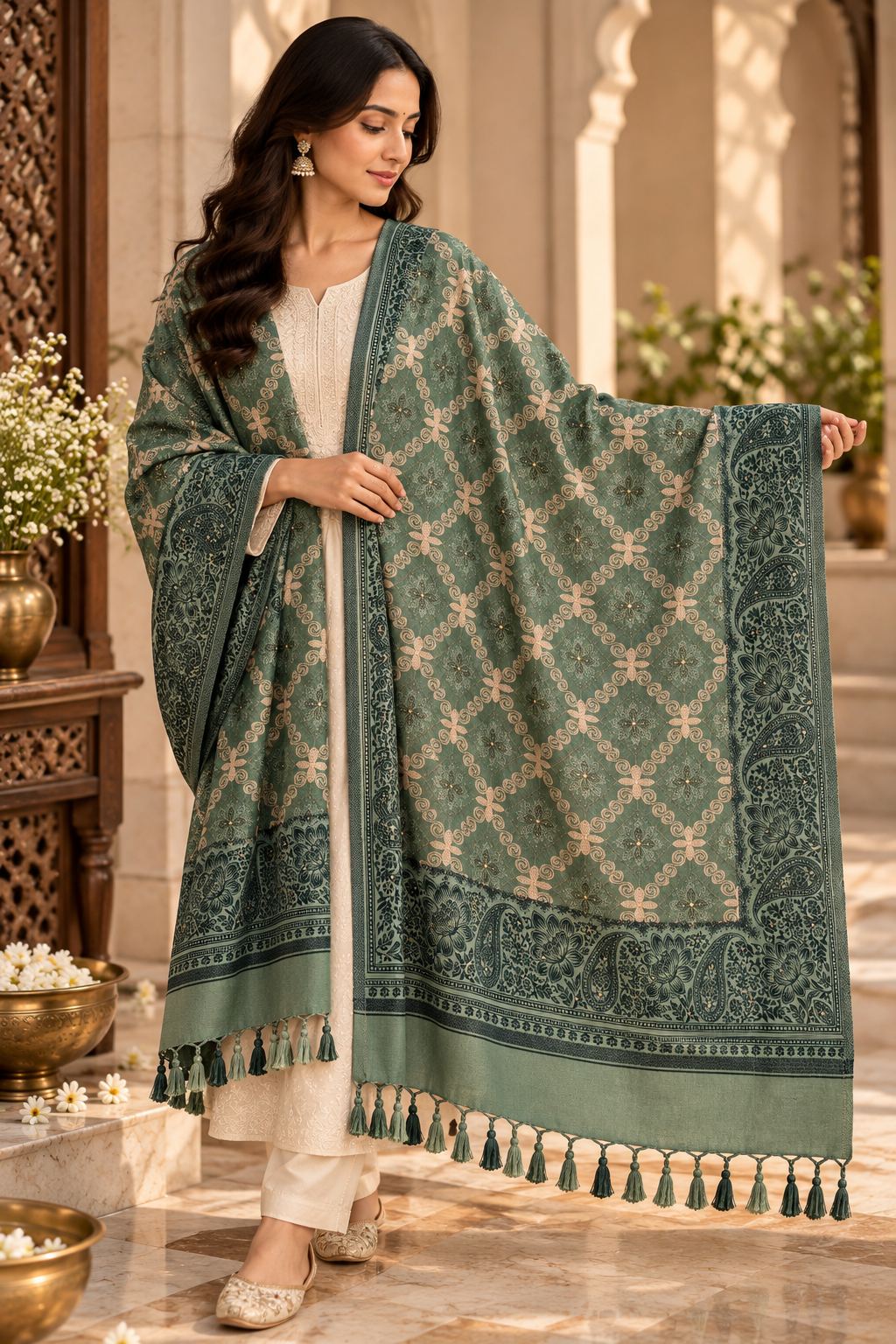 Sage Green Diamond Trellis Beaded Embellished Shawl