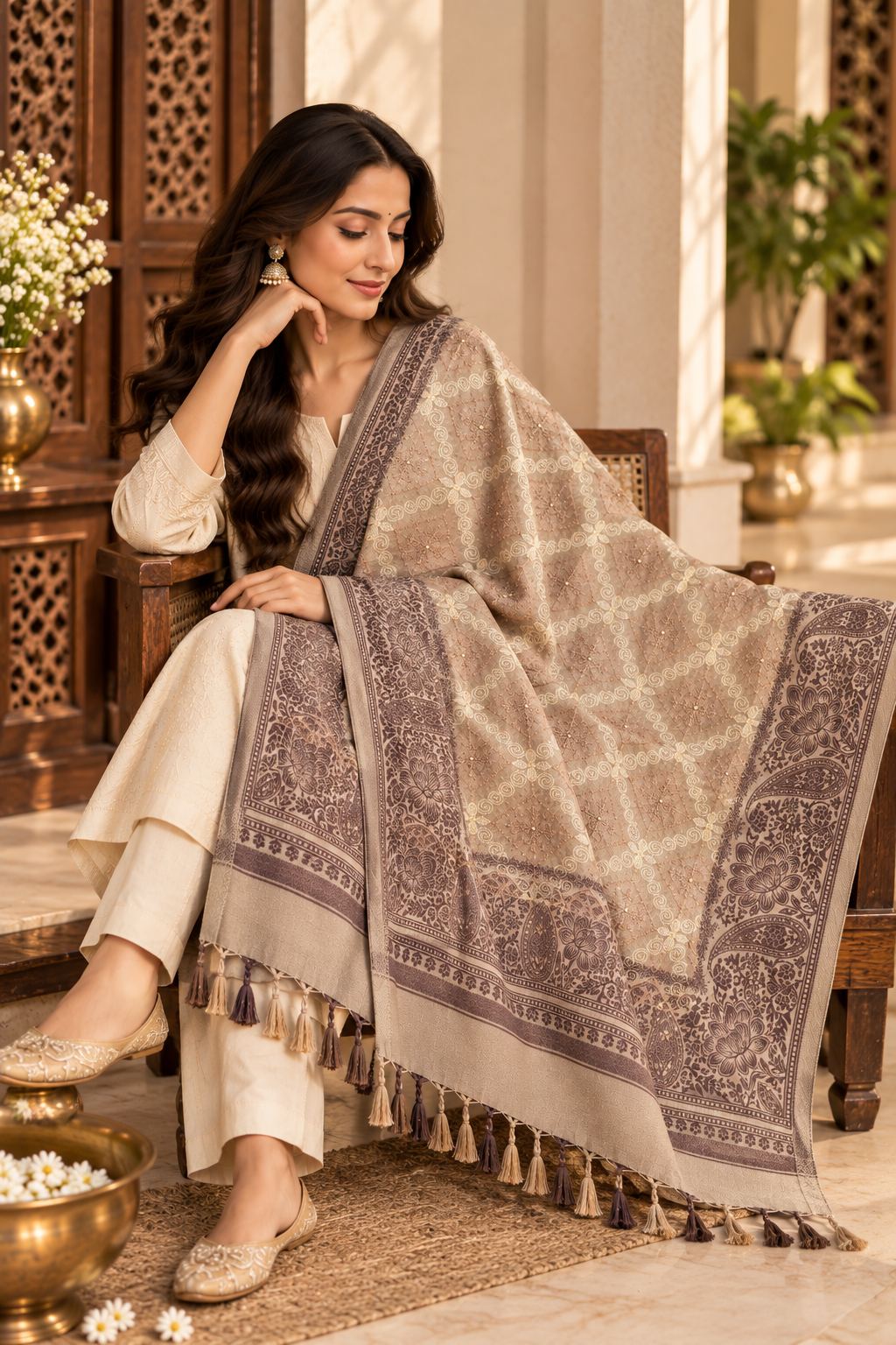 Mocha Diamond Trellis Beaded Embellished Shawl