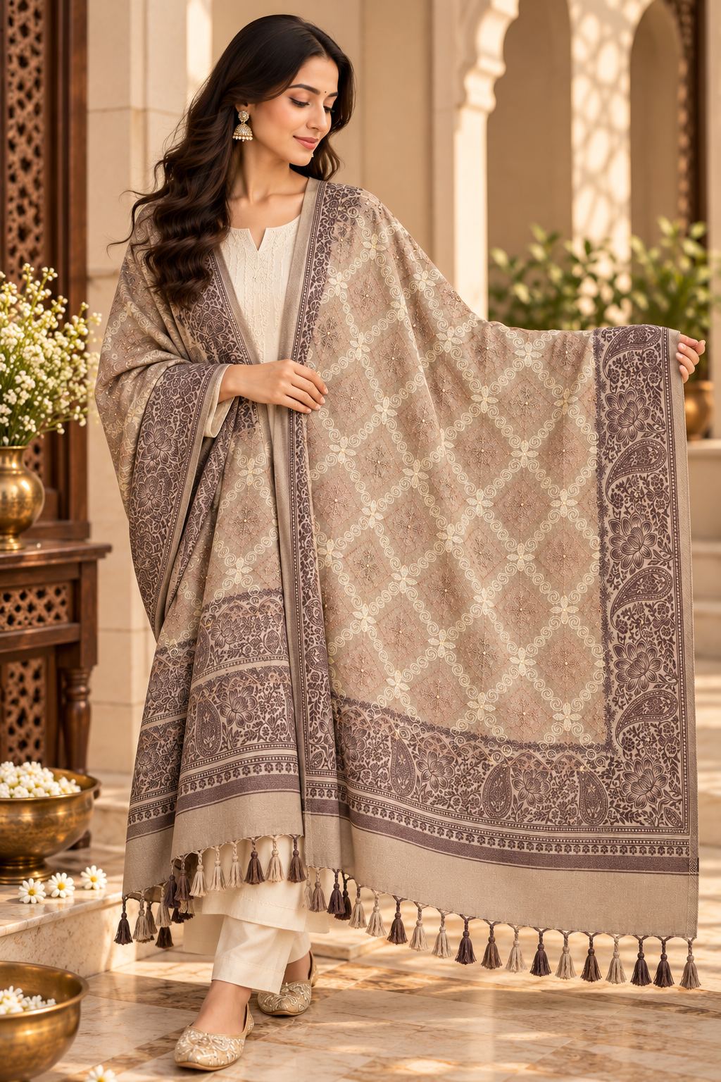 Mocha Diamond Trellis Beaded Embellished Shawl