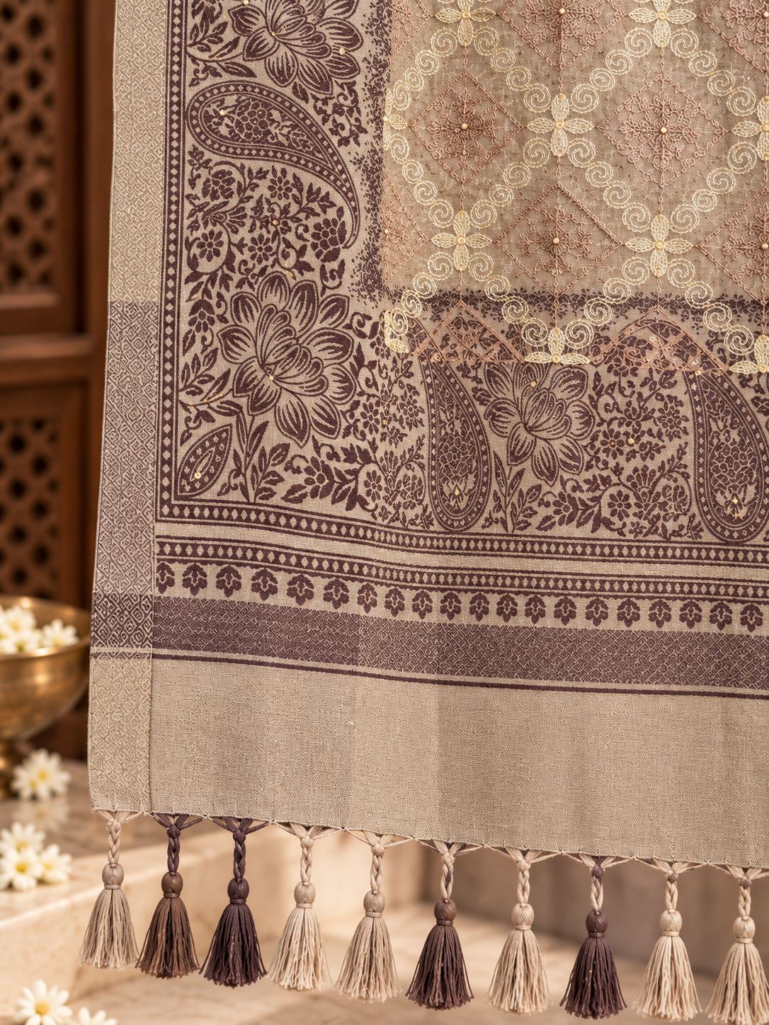 Mocha Diamond Trellis Beaded Embellished Shawl