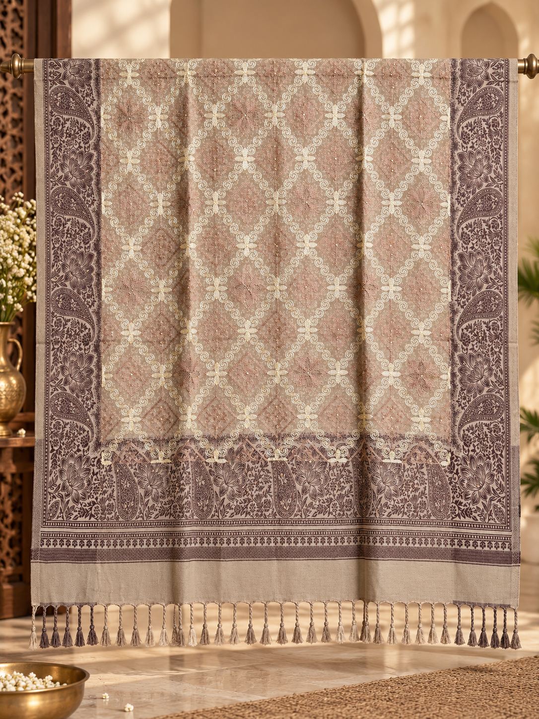 Mocha Diamond Trellis Beaded Embellished Shawl