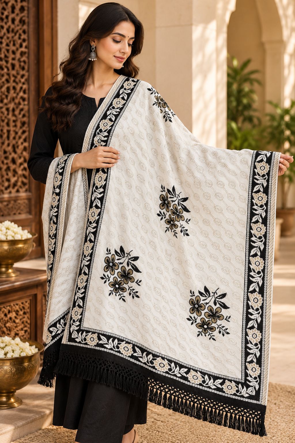 Ivory Black Tan Floral Bouquet Wool Shawl with Tassels