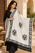 Ivory Black Tan Floral Bouquet Wool Shawl with Tassels