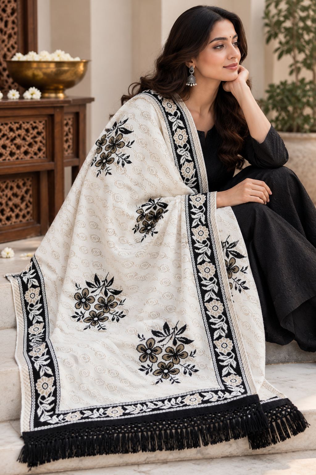 Ivory Black Tan Floral Bouquet Wool Shawl with Tassels