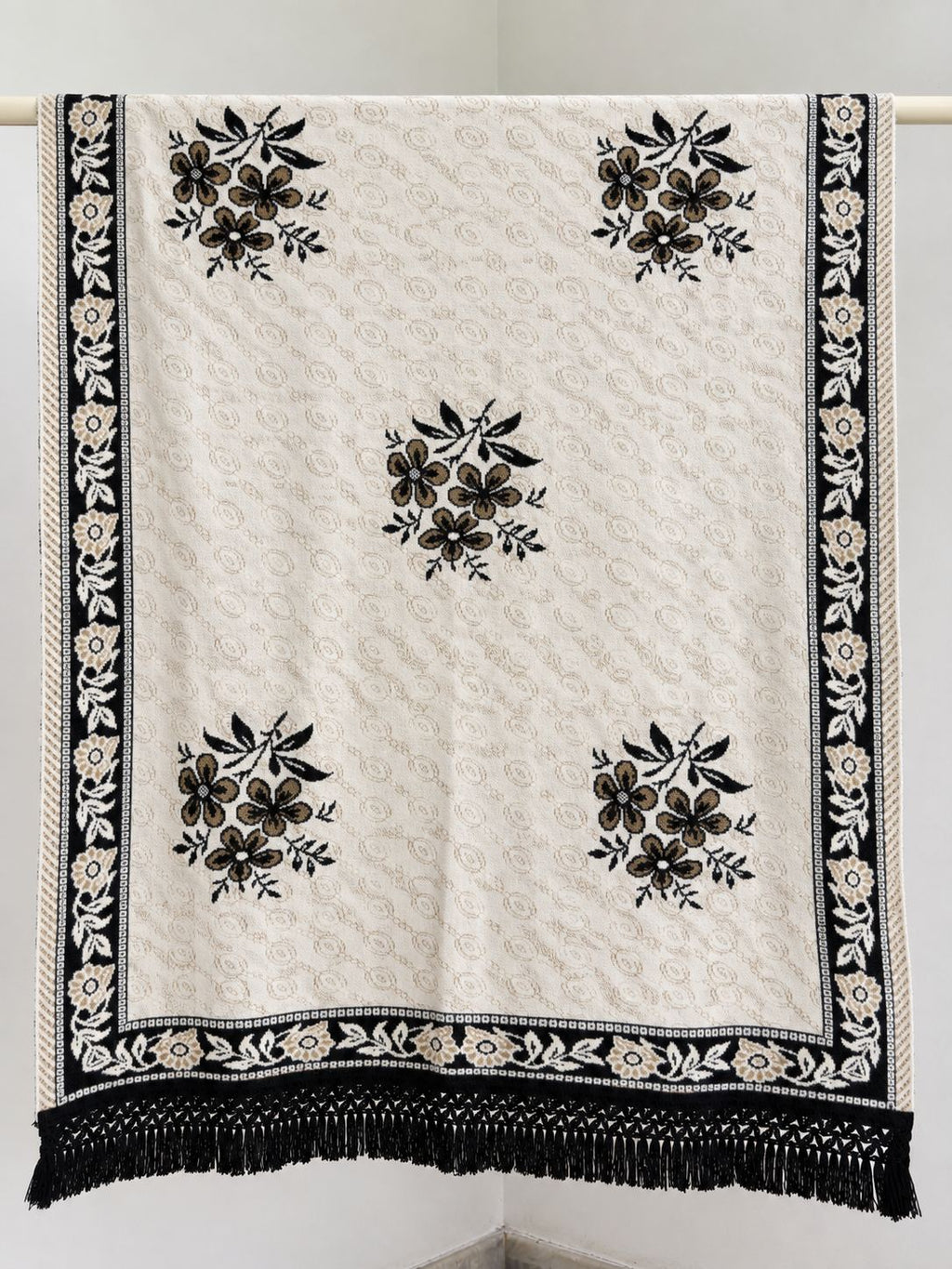 Ivory Black Tan Floral Bouquet Wool Shawl with Tassels