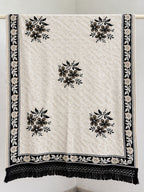Ivory Black Tan Floral Bouquet Wool Shawl with Tassels
