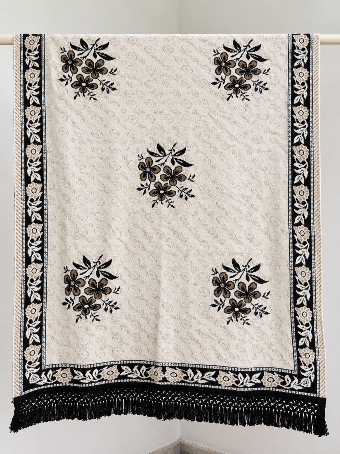 Ivory Black Tan Floral Bouquet Wool Shawl with Tassels