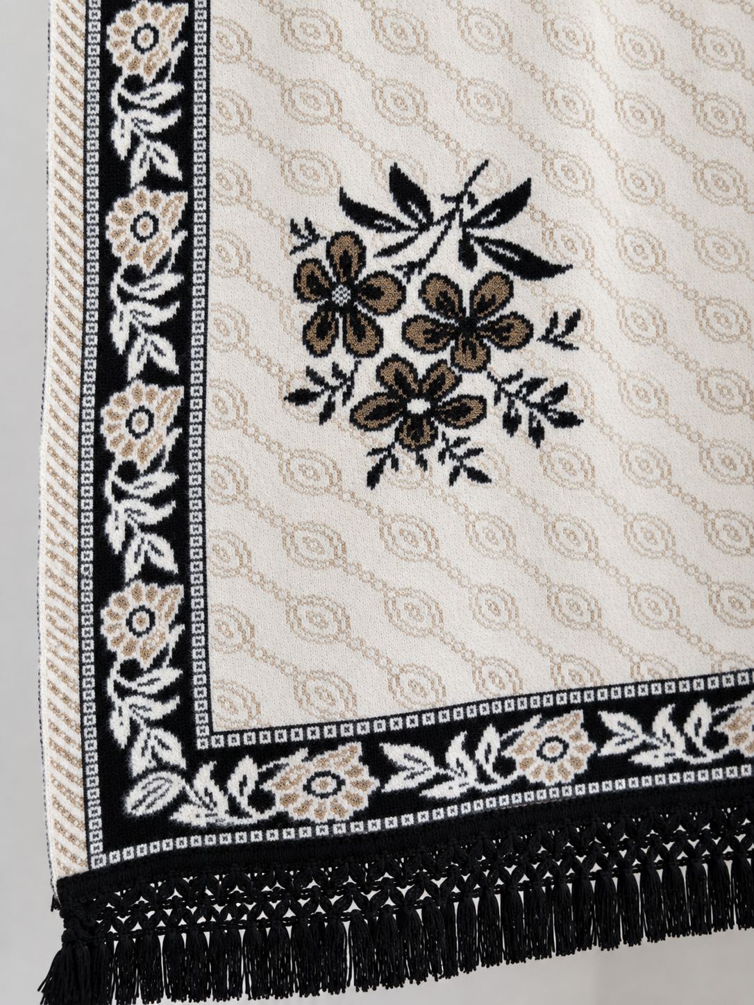 Ivory Black Tan Floral Bouquet Wool Shawl with Tassels