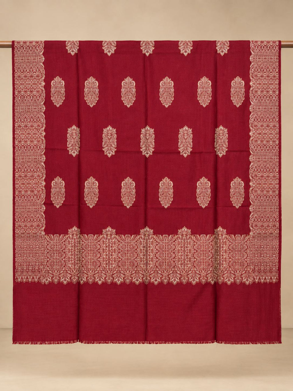 Red Gold Boteh Medallion Wool Shawl with Fringe