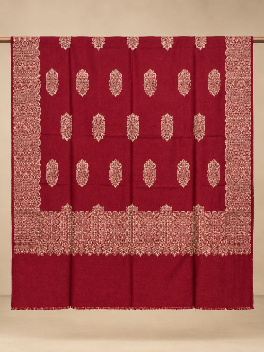 Red Gold Boteh Medallion Wool Shawl with Fringe