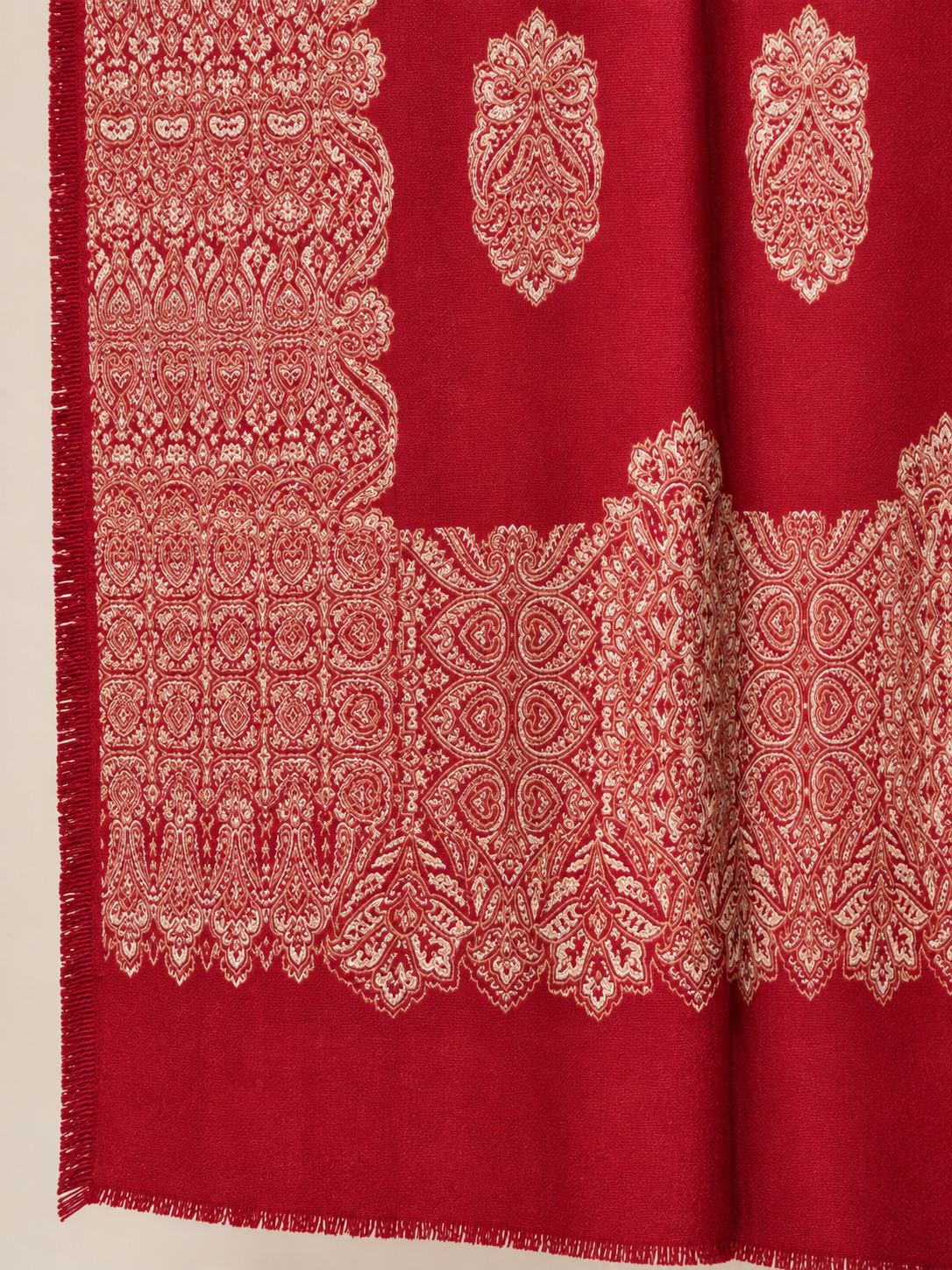 Red Gold Boteh Medallion Wool Shawl with Fringe