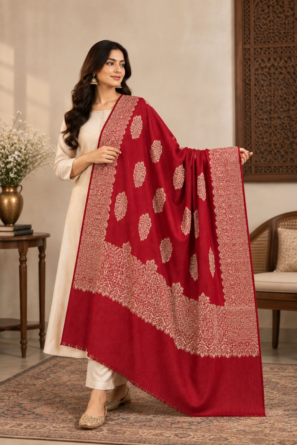 Red Gold Boteh Medallion Wool Shawl with Fringe