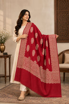 Red Gold Boteh Medallion Wool Shawl with Fringe