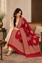 Red Gold Boteh Medallion Wool Shawl with Fringe