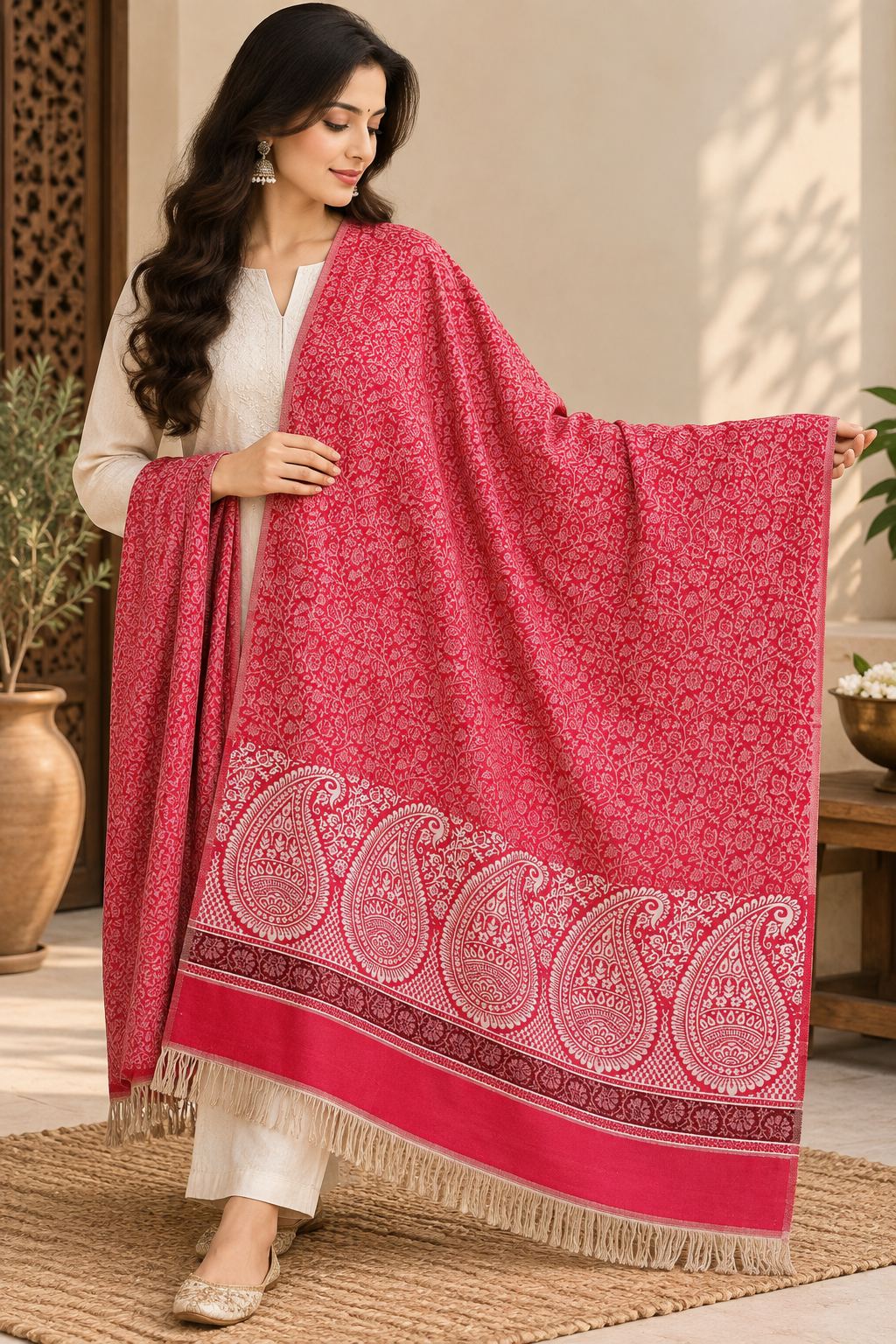 Rani Pink Ivory Paisley Border Wool Shawl with Tassels