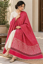 Rani Pink Ivory Paisley Border Wool Shawl with Tassels