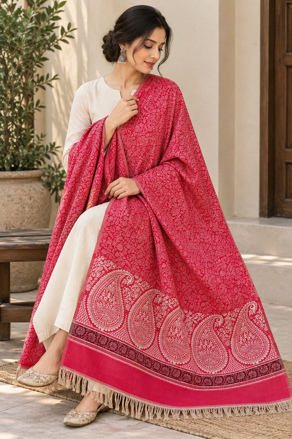 Rani Pink Ivory Paisley Border Wool Shawl with Tassels