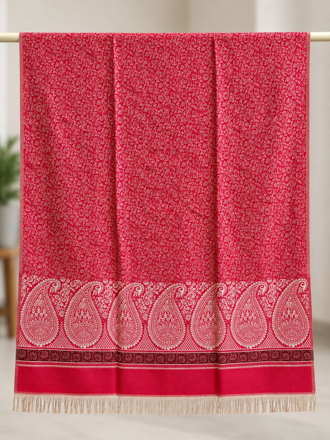 Rani Pink Ivory Paisley Border Wool Shawl with Tassels