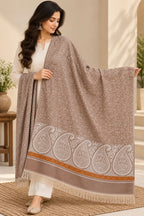 Taupe Ivory Paisley Border Wool Shawl with Tassels
