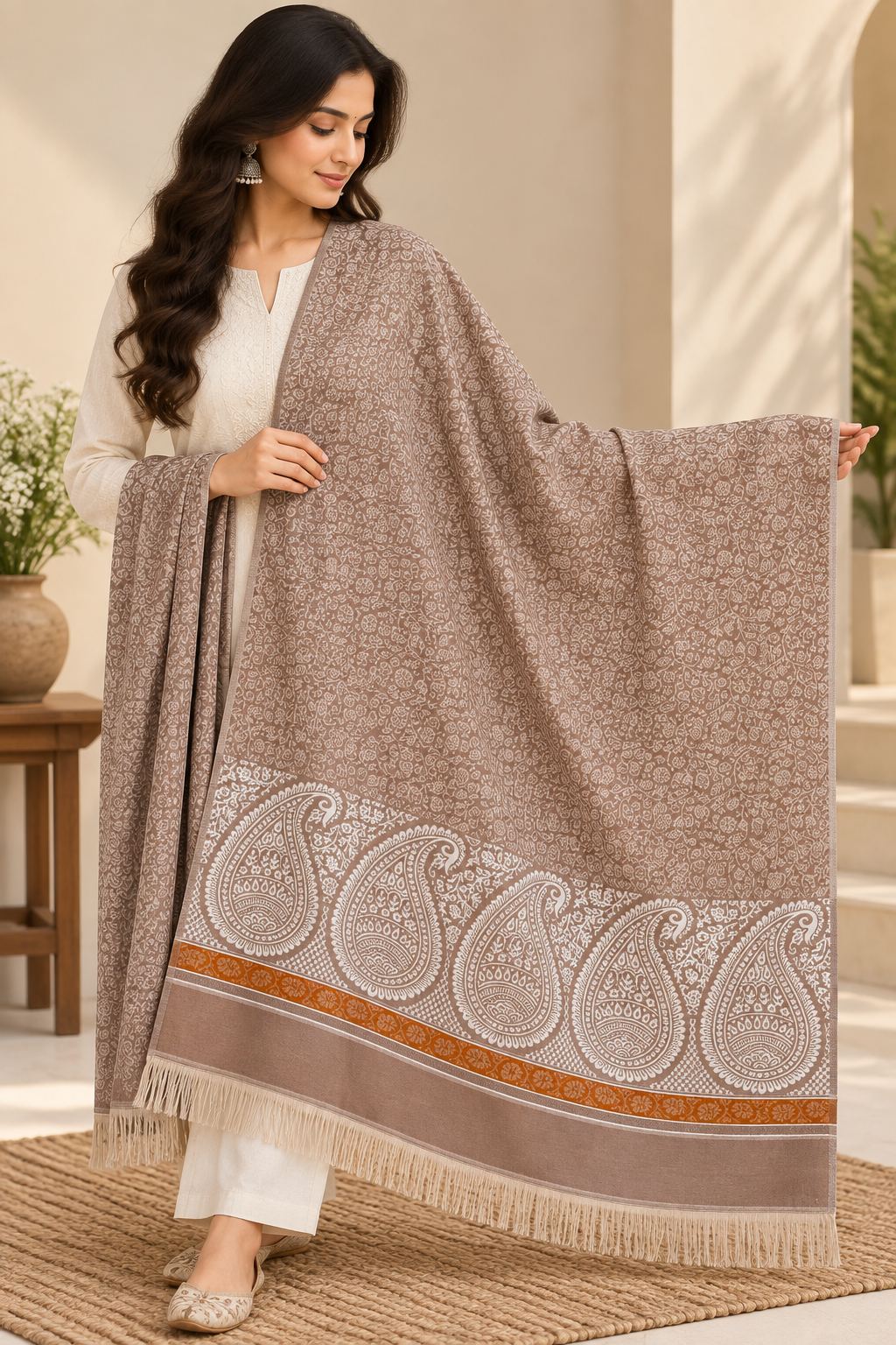 Taupe Ivory Paisley Border Wool Shawl with Tassels