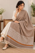 Taupe Ivory Paisley Border Wool Shawl with Tassels