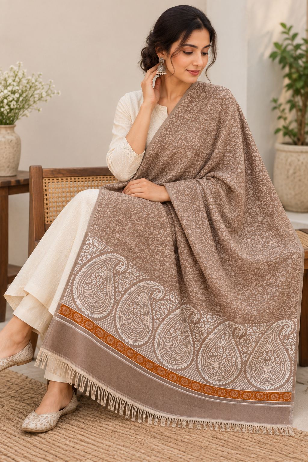 Taupe Ivory Paisley Border Wool Shawl with Tassels
