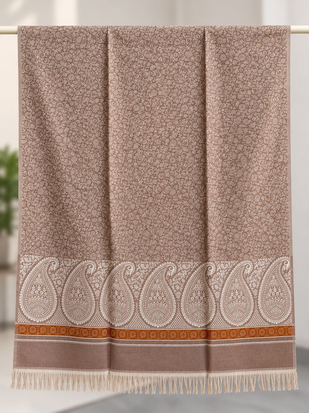 Taupe Ivory Paisley Border Wool Shawl with Tassels