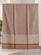 Taupe Ivory Paisley Border Wool Shawl with Tassels