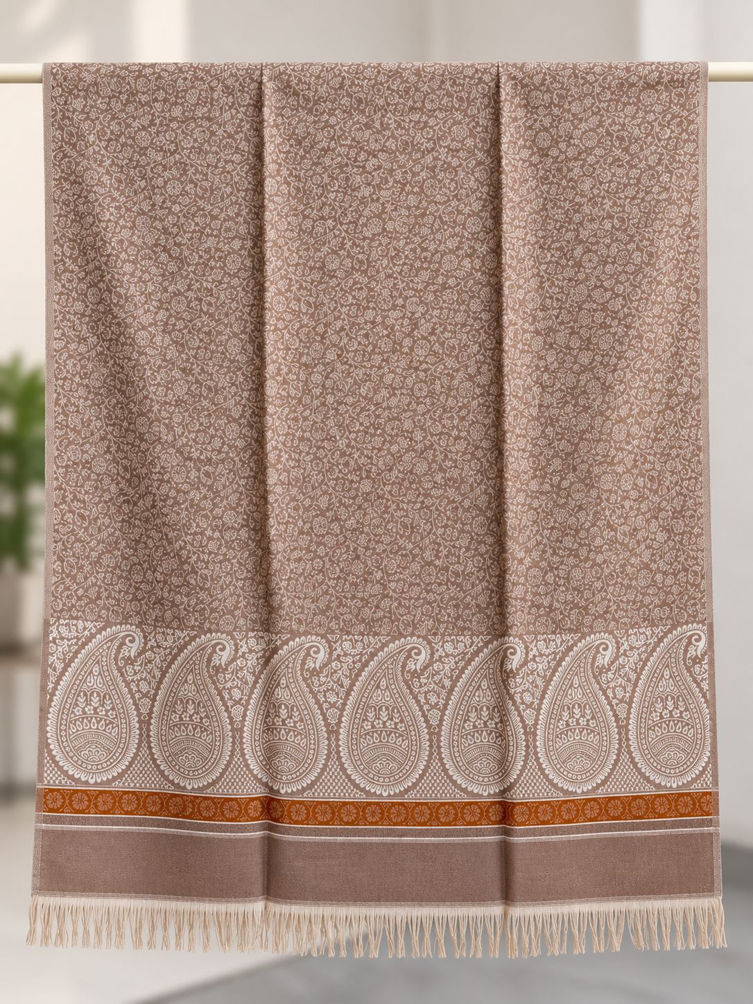 Taupe Ivory Paisley Border Wool Shawl with Tassels