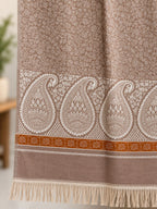 Taupe Ivory Paisley Border Wool Shawl with Tassels