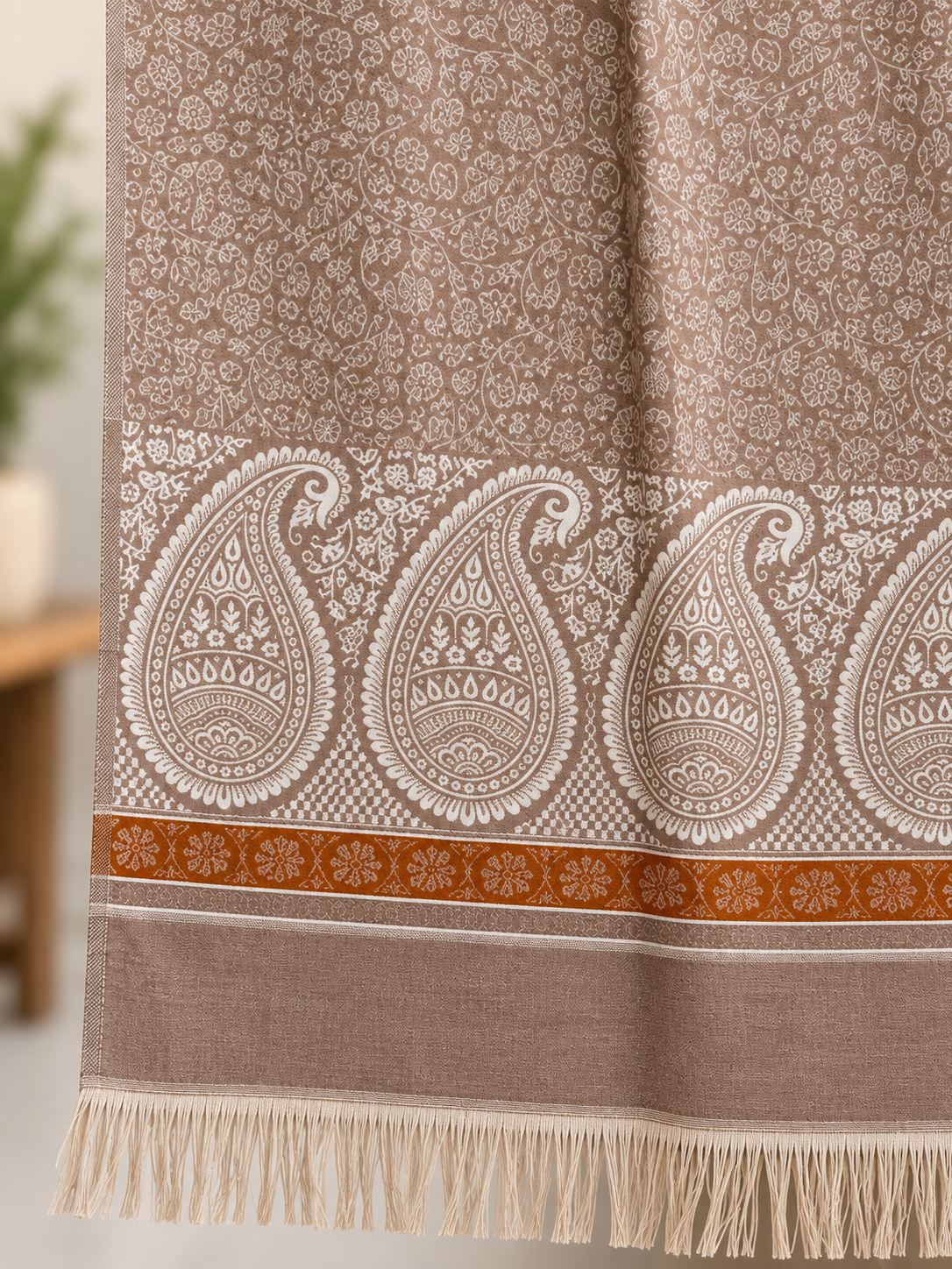 Taupe Ivory Paisley Border Wool Shawl with Tassels