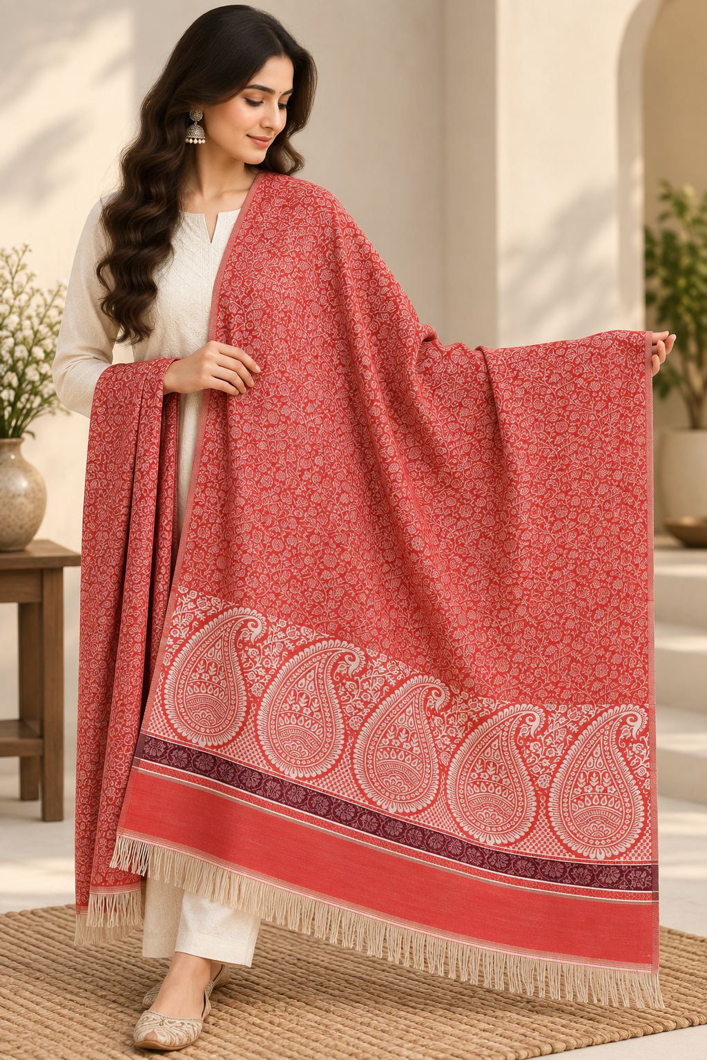 Coral Red Ivory Paisley Border Wool Shawl with Tassels